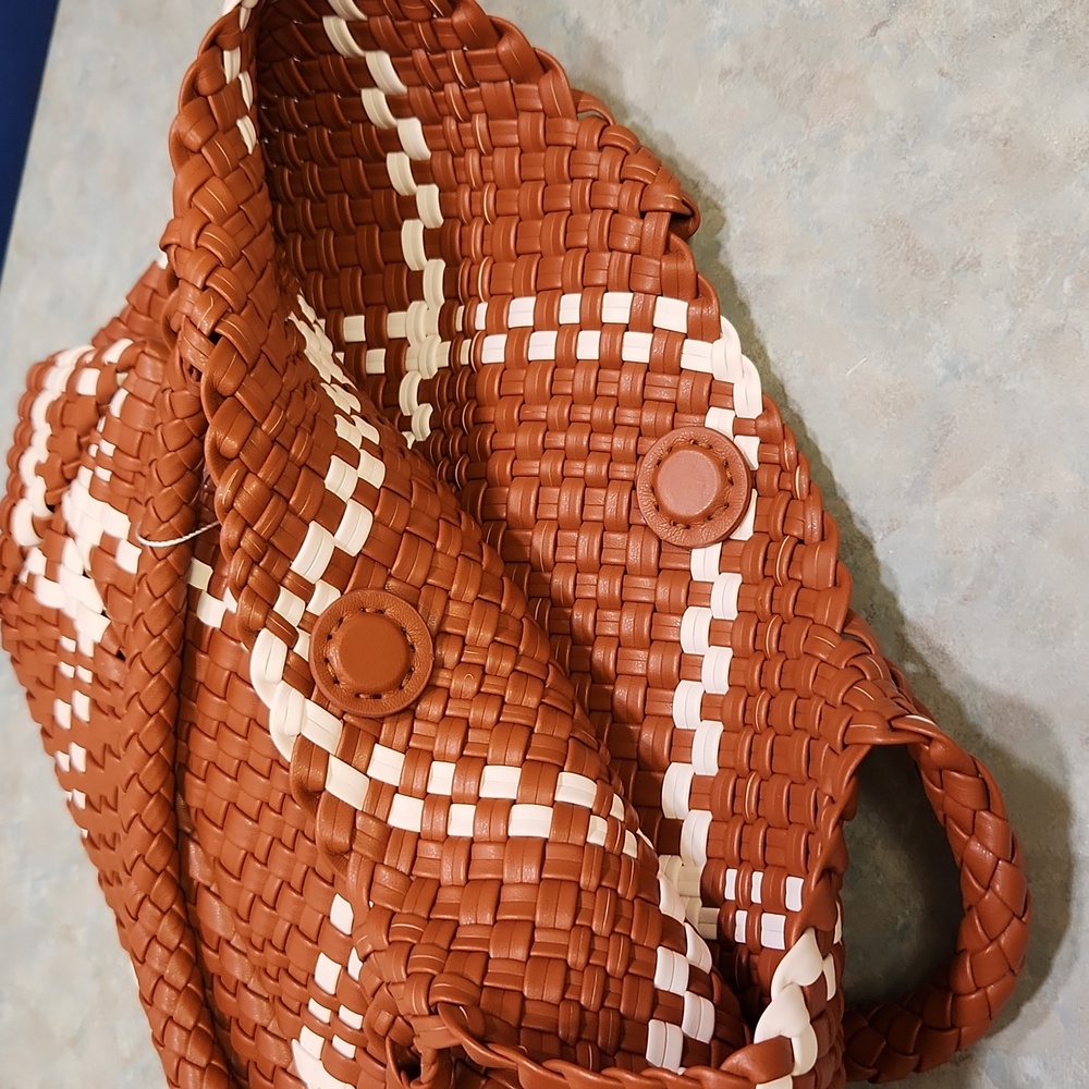 Stacy Bradley Brown & White Woven Tote Bag With Pouch - Picture 6 of 8